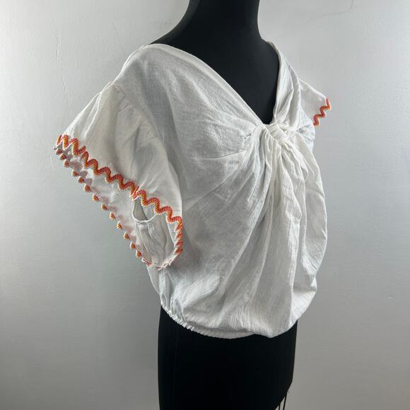Line And Dot White Orange Top Linen Knotted Front Ruffle Sleeve Size Large L NEW - Picture 4 of 11